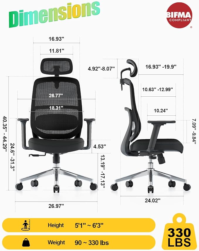 Ergonomic Office Chair, High Back Mesh Chair with Lumbar Support, Ultimate Back Support Office Desk Chair, Comfortable Computer Chair & Gaming Chair for Office & Home, Black