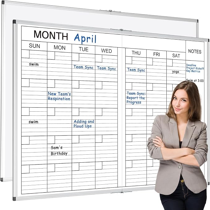 Large 48" x 36" Magnetic 1 Month Dry Erase Calendar White Board Foldable Whiteboard Calendar for Wall Mounted 2 in 1 Double Side Whiteboard with Dry Erase Board for Wall Office Home