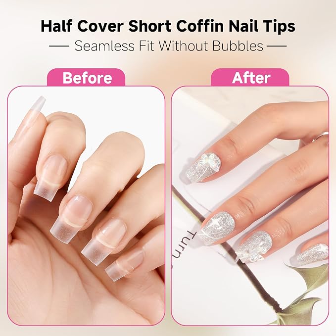 UNA GELLA Short Coffin Fake Nails Pre-buff Half Cover 504Pcs 12 Sizes | No Need File Flexible Gel Nail Tips, Salon Quality Nail Extension DIY Nail Art for Daily Wear & Pro Salon