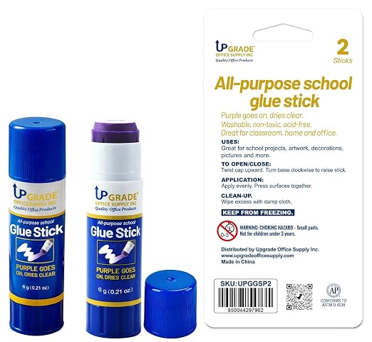 Upgrade Office Supply Glue Sticks, 6g, 2 Count, Purple Goes On Dries Clear | Acid-Free, Washable Non Toxic, for Classroom, Home, Office, Art, Craft and Poster Projects
