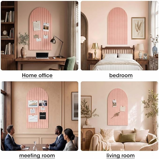 Arched Felt Bulletin Board 47" x 24", High-Density Cork Board Alternative for Office & Wall Decor, DIY Corkboards for Wall with 30 Push Pins & 50 Adhesive Tabs, Picture-Board for Home (Pink)