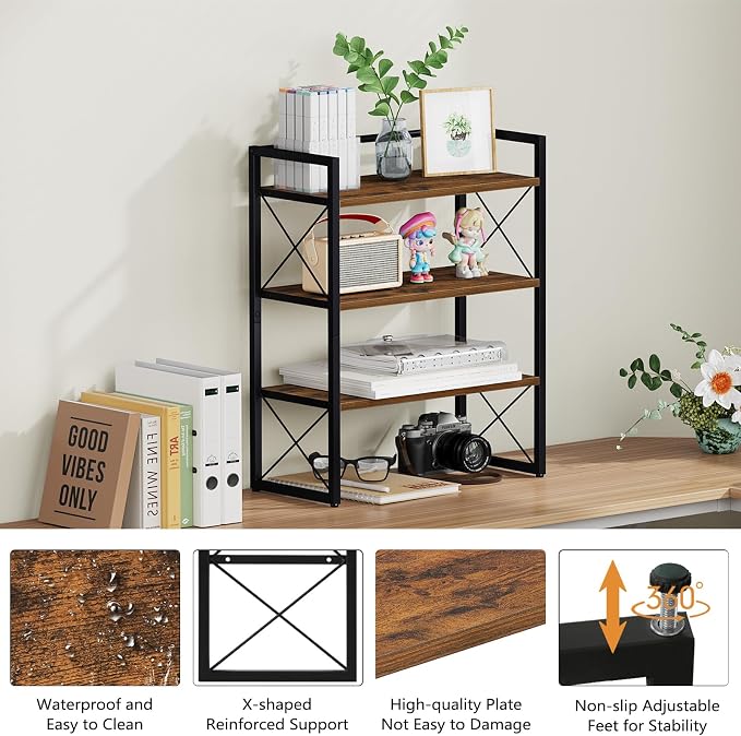 YINMIT Desk Shelf Organizer for Top of Desk with 3-Tier Open Shelves | Wood Desktop Shelf, Tabletop Shelf Storage Rack and Freestanding Display Shelf for Home Office Kitchen Dorm