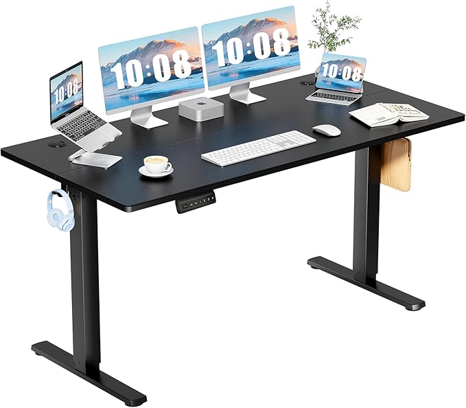 DUMOS 63 Inch Electric Standing Desk, Memory Adjustable Home Office Desk | Sit Stand Up Desk for Work Home Office,Adjustable Desk, Rising Computer Table with Splice Board,Cable Management,Hook,Black