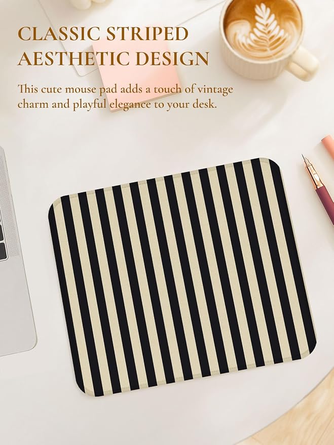 Square Cute Striped Mouse Pad with Stitched Edge, Premium Waterproof Cloth Aesthetic Small Stripe Mouse Mat, Non-Slip Rubber Base Funny Mousepad Desk Accessories,Striped Black Grey