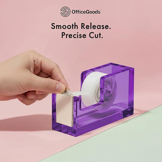 OfficeGoods Acrylic Tape Dispenser, Aesthetic and Compact Design, Purple | Modern desk accessory for office, Heavy duty refillable tape holder for crafting, Stylish desktop accessory for gift wrapping