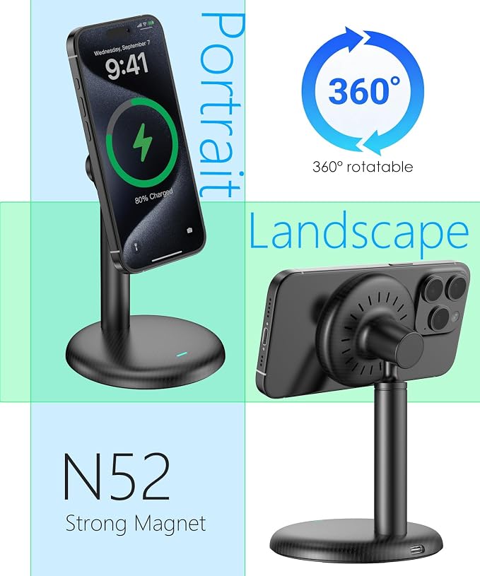 Mag Safe Charger Stand for iPhone 17/Air/16/15/14/13/12,15W Fast Charging | Magnetic Wireless Charger Compatible with MagSafe Suitable for Desk or Bedside (No Adapter/Angle Fixed)
