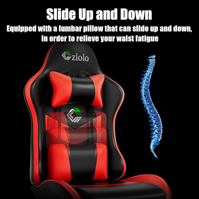 Gaming Chair, Ergonomic Office Computer Chair with Footrest and Lumbar Support Massager Racing Style High Back Video Gamer Chair, Wide＆Thick Cushion, 90°-135° Recline, Adjustable Height, Red