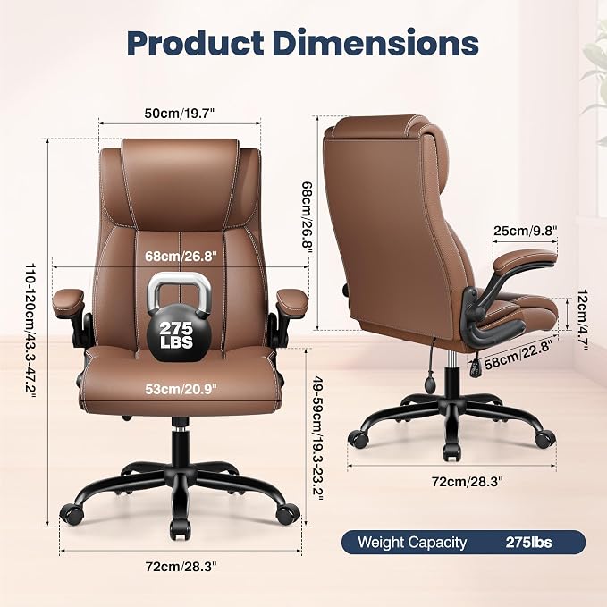 Ergonomic Office Chair, High Back Leather Executive Desk Chair | Inflatable Lumbar Support, Padded Arms for Elbow Comfort, Heavy-Duty Rocking Chair for All-Day Sitting, Plush Wide Seat Brown