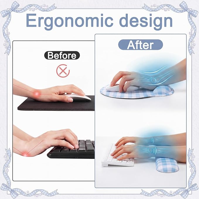 Blue Gingham Desk Mat Set with Wrist Rest, Ergonomic Design, Scalloped Edge Keyboard Mouse Pad Set Large 35.4x15.7 Inch, Memory Foam Wrist Support, Non-Slip Desk Pad Home Office Decor