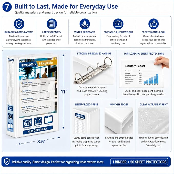 1 Inch Binders 3 Ring Set, White 1" Round + 50 Sheet Protectors | 50 Top-Loading Page Protectors, Clear View Cover & Spine, Fits 8.5 x 11 Letter Paper; for School, Office and Home Filing Use