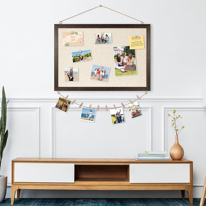 DOLLAR BOSS Bulletin Boards with Linen, 36"x24" Cork Board, Dark Walnut | Double-Sided Corkboards for Walls, Decorative Pin Board, Photo Display, For Office Home School Dorm, 10 Pushpins 10 Clips