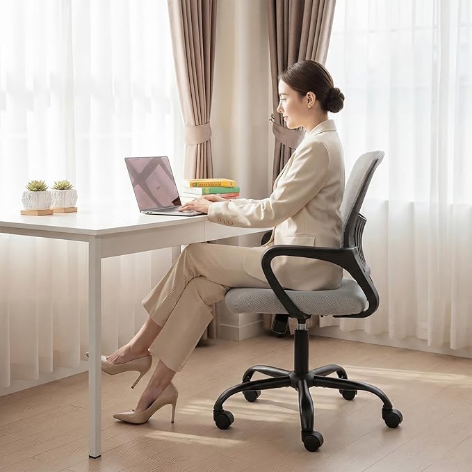 DUMOS Home Office Chair, Ergonomic Lumbar Support Desk Chair | Mid Back Mesh, Height Adjustable Fixed Armrest, Rocking Mode 360 Swivel, Conference Computer, Grey