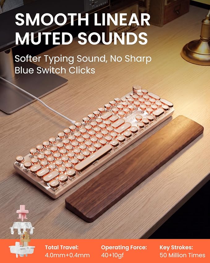 EWEADN Wired Typewriter Mechanical Keyboard, Low Noise Pink Switch Retro Punk Keyboard with Media Knob, White Backlit, Metal Panel, 104-Key Round Keycaps Cute Keyboard for Windows PC- Rose Gold