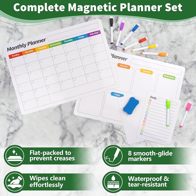 FINDMAG Fridge Calendar, Magnetic Calendar for Refrigerator, 4 Pack, White | Fridge Whiteboard for Family Schedules, Meal Plans, Grocery Lists, Reminders, and Updates(1 Eraser, 8 Markers)