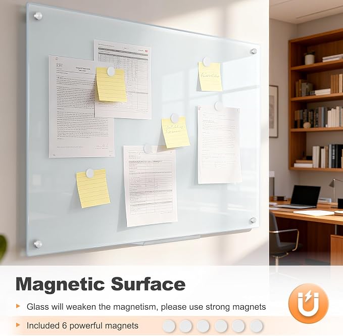 Tempered Glass Whiteboard 36" x 24" Magnetic Glass Dry Erase Board | (3’ x 2’) Wall Mounted Glass White Board with Acrylic Pen Tray for Office, Home, School