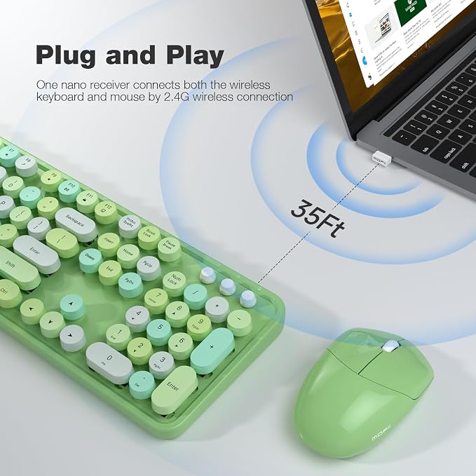 KNOWSQT Wireless Keyboard and Mouse Combo, Green 104 Keys Full-Sized 2.4 GHz Round Keycap Colorful Keyboards, USB Receiver Plug and Play, for Windows, Mac, PC, Laptop, Desktop