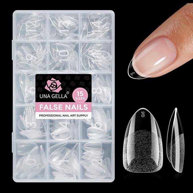 UNA GELLA Short Almond Gel Nail Tips 15 Sizes 300PCS Pre-Etched Soft Gel | Clear Nail Tips Easy DIY Salon Short Almond Press On Nails Snug Fit Acrylic Fake Tips Extensions Long-Lasting Hold