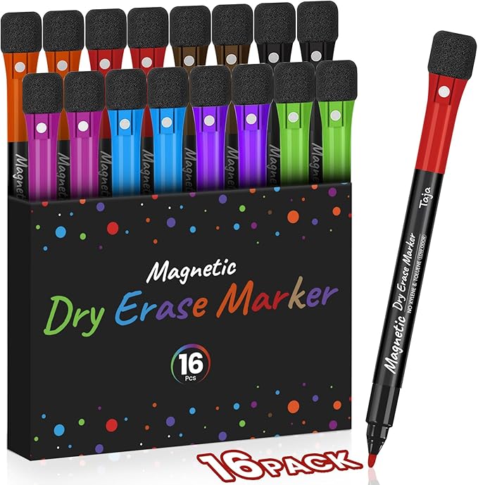 Taja Magnetic Dry Erase Whiteboard Markers, 16 Count 8 Color Fine Tip Thin Dry Erase Markers with Eraser for Home Office School Supplies-Brilliant