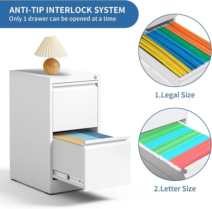 2 Drawer File Cabinet with Lock,Metal File Cabinet for Home Office | White Vertical Filing Cabinets Heavy Duty Office Storage Cabinets for Letter/Legal/A4/F4 Size File, Assembly Required