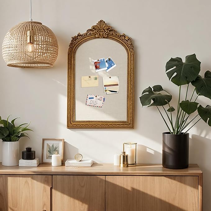 Vintage Framed Pin Board Linen Display Bulletin Board Large Ornate Fabric Picture Photo Pinboard Memo Decorative Prayer Pinboard Ornate for Wall Gift(Arch,16'' X 25'',Antique Gold)