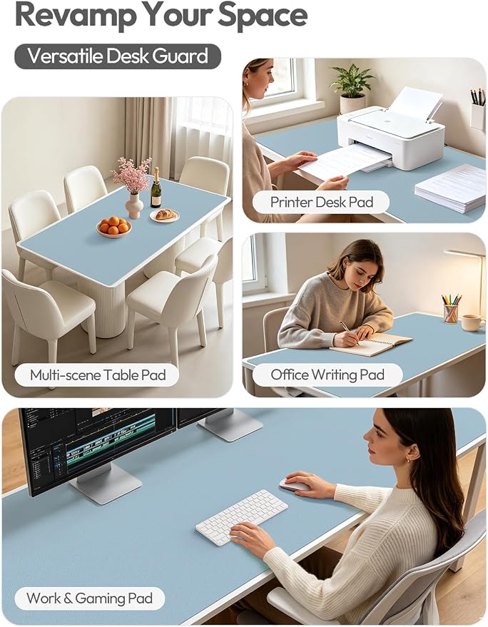 YSAGi Leather Desk Pad Protector, Office Desk Mat, Large Mouse Pad, Non-Slip PU Leather Desk Blotter, Laptop Desk Pad, Waterproof Desk Writing Pad for Office and Home (Ice Blue,55" x 17.2")