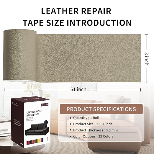 Leather Repair Patch Tape, Medium Grey Beige 3 x 61 Inches Self Adhesive Leather Repair Kit for Furniture, Car Seat,Vinyl Leather Repair Kit for Office Chairs, Couch, Sofa, Luggage