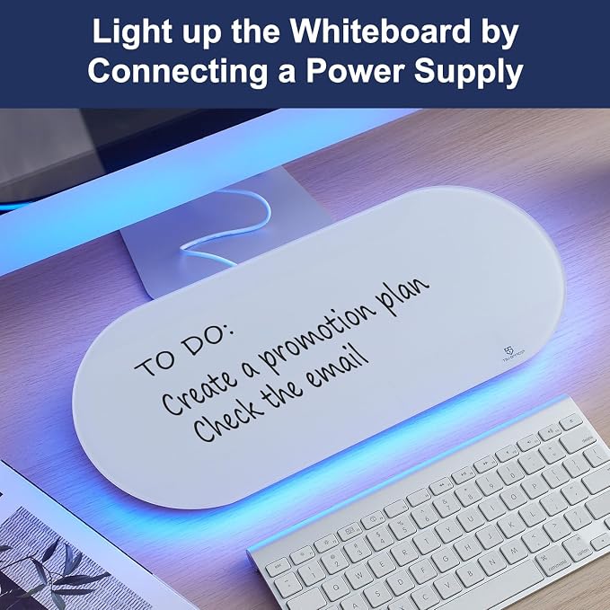 Glass Desktop Whiteboard - 17 X 7 Inches Small Dry Erase Board with Blue Light, Glass White Board Surface Notepad with 1 Drawer, Desk Organizers for Office, Home, School Supplies