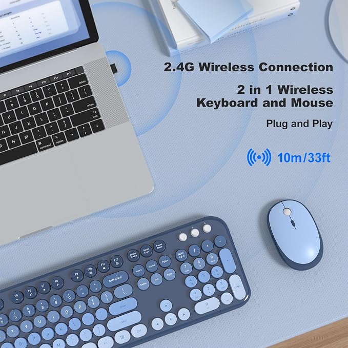 MOFII Wireless Keyboard and Mouse Combo, Full Size 2.4G Retro Round Computer Keyboard and Mouse Set, Plug and Play, for Windows, Computer, Desktop, PC, Notebook - (Sea Blue Gradient)
