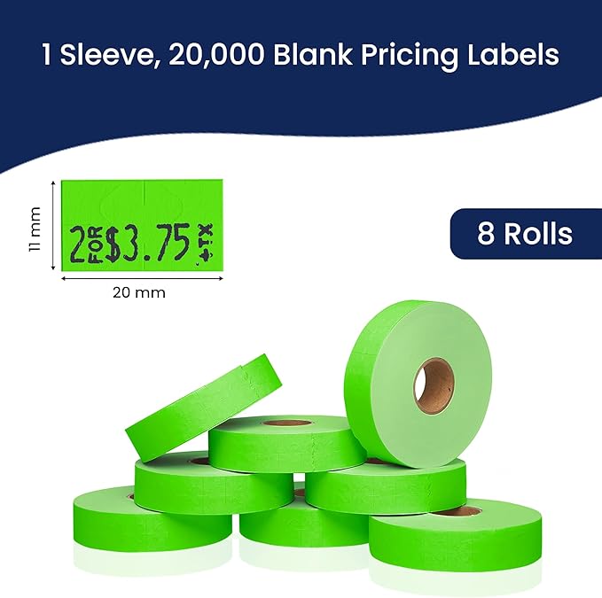 Perco Fluorescent Green Pricing Labels for Monarch 1131 Price Gun - 1 Sleeve, 8 Rolls, 20,000 Price Marking Labels - with Ink Roll Included