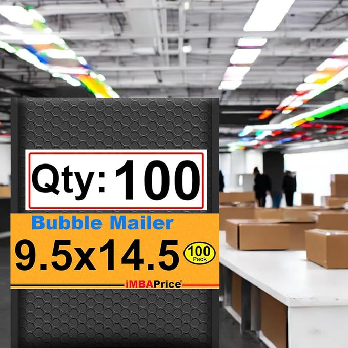 iMBAPrice 9.5x14.5 Inch Black Poly Bubble Mailers, 100-Pack | Medium-Large Padded Shipping Envelopes, Self-Seal Adhesive, Waterproof, For Electronics & Accessories