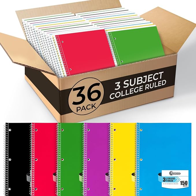 3 Subject Spiral Notebook Bulk, 36 Pack, College Ruled, 150 Sheets | Thick Paper, 300 Pages, 8 x 10-1/2", Bulk Spiral Journal for School, 3 Hole Punched, Bulk Subject Notebooks, Assorted Colors