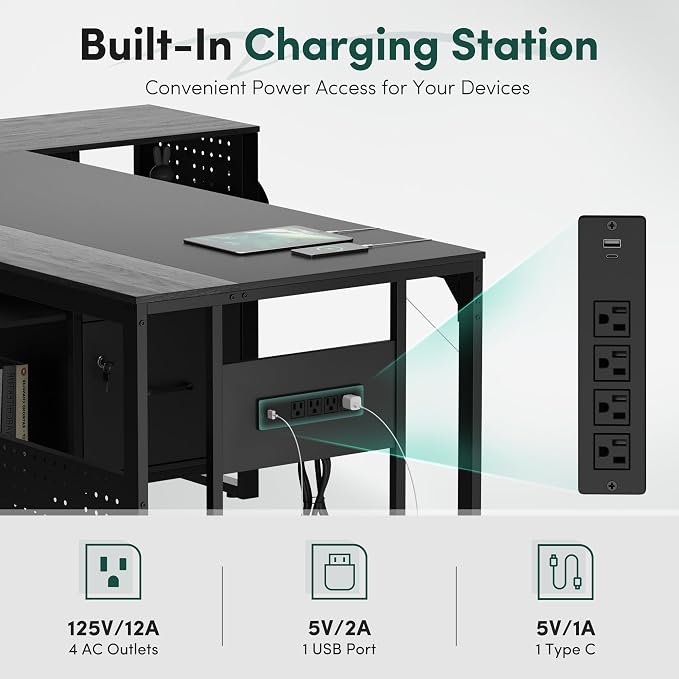 MALOL 70.3" L-Shaped Office Desk, Reversible L-Shaped Computer Desk with Power Outlet, Large Executive Desk with Locked File Drawers & Storage Shelves, Pegboard, Mobile CPU Stand, Modern Corner Desk