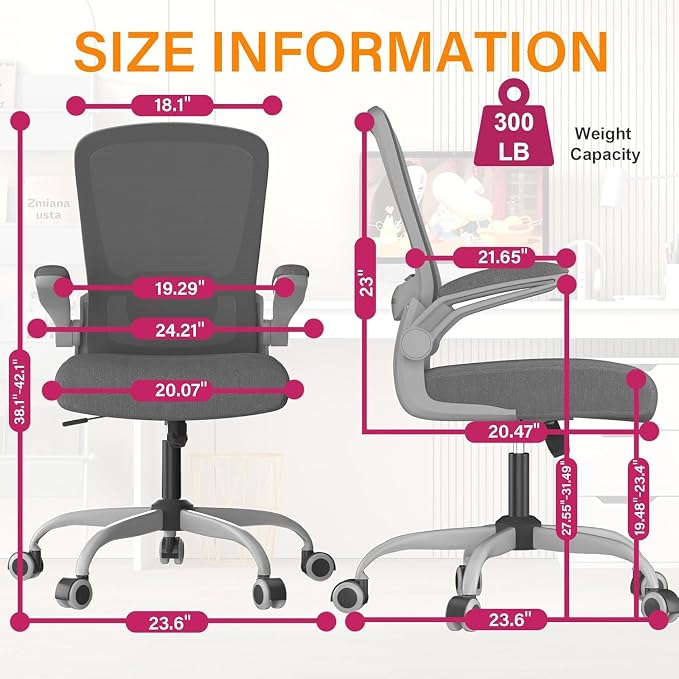 Ergonomic Office Chair w/Adjustable Lumbar, Flip Armrest, 135° Recline | Supports 300 lbs · Seat 19.48"–23.4" · Breathable mesh · 20–30 min assembly · 5-year warranty