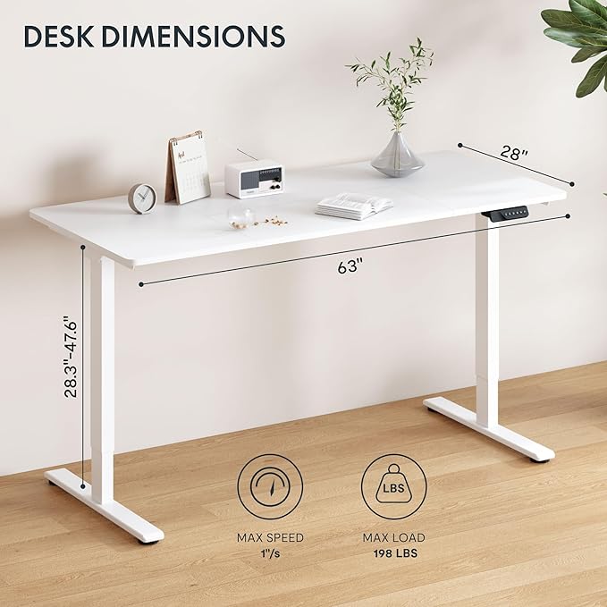 FLEXISPOT 63"x28" Large Dual Motor Electric Standing Desk, White - 198 LBS Heavy-Duty Capacity, Ideal for Home Office, Creative Studio, or Multi-Monitor Setup