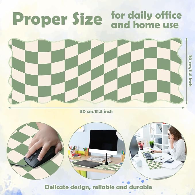1 Pcs Scalloped Green Checkered Desk Mat 31.5 x 11.8 Inch Large Cute Mouse Pad Computer Mat Non Slip Waterproof Rubber Base with Border Stitching Soft Keyboard Pad for Home Office Gaming Makeup