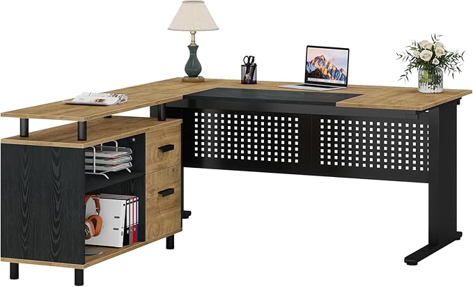 Tribesigns 63 Inch Executive Desk with File Cabinet, Large Office Desk L Shaped Computer Desk with Drawers and Storage Shelves, Business Furniture Desk for Home Office, Wood Color and Black