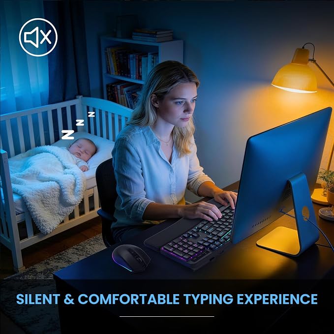 RGB Wireless Keyboard Mouse Combo with Ergonomic Wave, Silent Rechargeable | Soft Leather Wrist Rest, Light up Letter, 15 Lighting RGB Backlit, 3200 DPI 2.4G Mouse for PC Computer Laptop Windows Mac