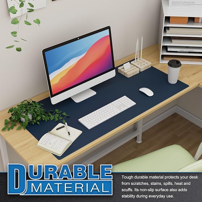 K KNODEL Extra Large Desk Mat, Leather Mouse Pad (35.4"x17", Dark Blue) | Desk Pad, Keyboard Pad, Computer and Laptop Mat, Desktop Protector and Cover, Writing Pad and Blotter for Home Office