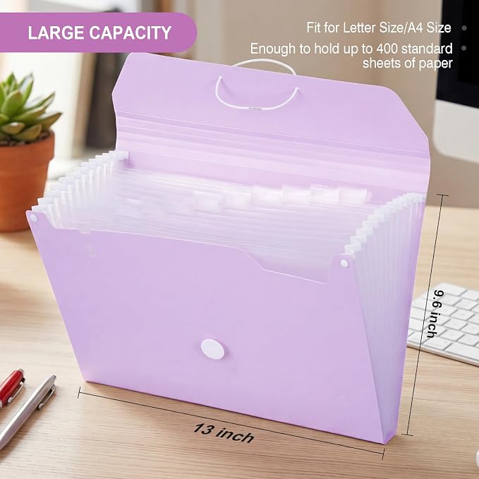 Comix Accordion File Organizer, 13 Pocket, Purple | Expanding File Folder, A8/Letter Size Documents, Includes Labels, For Office, Home, School