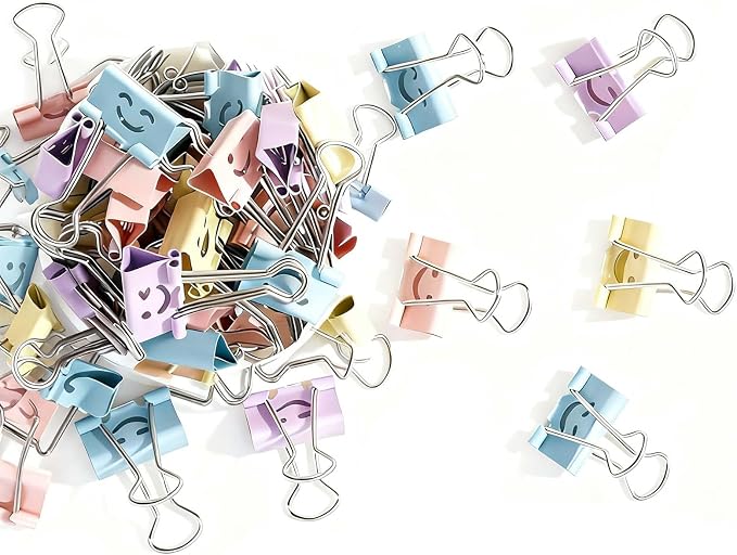 Binder Clips, 48 Pack, 1 Inch, Standard 25mm, Colorful, Hollowed Smile Design, Metal Fold Clamp, Capacity 0.47 Inch, Paper Clips, Office Clips, School & Home Use