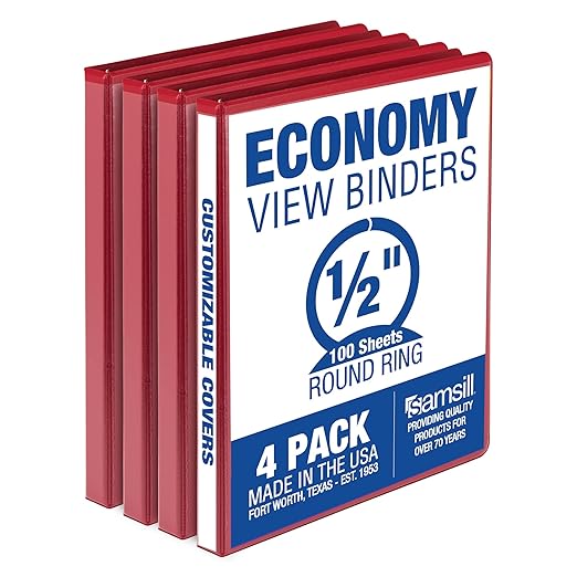 Samsill 0.5 Inch 3 Ring Binder, Economy Round Ring, Clear View Cover, 100 Sheet Capacity - for School, Home, Office - Red, 4 Pack