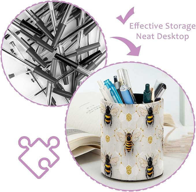 Leather Pen Holder for Desk, Honeycomb Bee Pencil Cup Pen Organizer Makeup Brush Holder for Office Home Kids Countertop Desk Accessory Storage