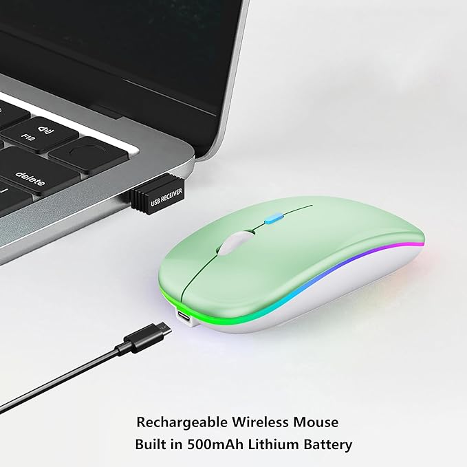 Wireless Bluetooth Mouse Rechargeable Laptop Mice with LED Lights Silent Slim Use(BT5.2 and 2.4G Portable USB Receiver)Dual Mode Computer Mouse for Laptop/iPad/Tablet/Apple/Computer/Mac(Green)
