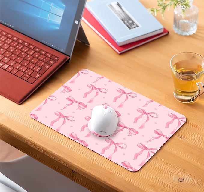 Square Pink Mouse Pad Bows, Cute Small Aesthetic Computer Pad, Non-Slip Rubber Mousepad Washable Cloth, Kawaii Minimal Mouse Pads for Desk Decor Gifts, Coworker Gift for Women Girls Kids,9.5x7.9 inch