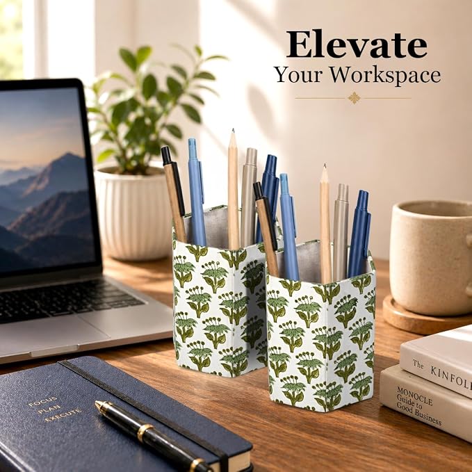 CPC Emerald Green Block Print Cotton Pen Holder Set of 2 | Boho Makeup Brush Holder Floral Pencil Cup Girls Kids Durable Stand Desk Organizer Storage Floral Office Supplies, Classroom