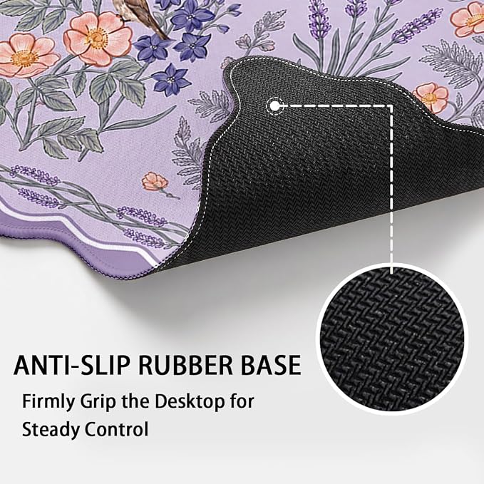 Lavender Floral Scalloped Mouse Pad Bird Botanical Lilac Garden Large Gaming with Stitched Edges,Non-Slip Waterproof Rubber Base Mous Mat Office Computer Keyboard Laptop Home 31.5"x15.7"