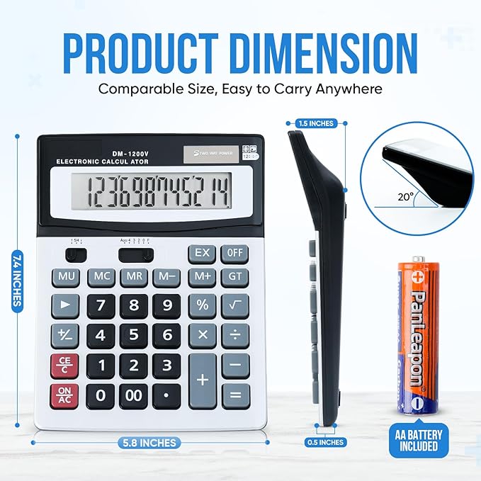 12-Digit Desktop Calculator with Large Screen and Big Buttons, Solar/Battery Dual Power for Office, Home, School and Business Use