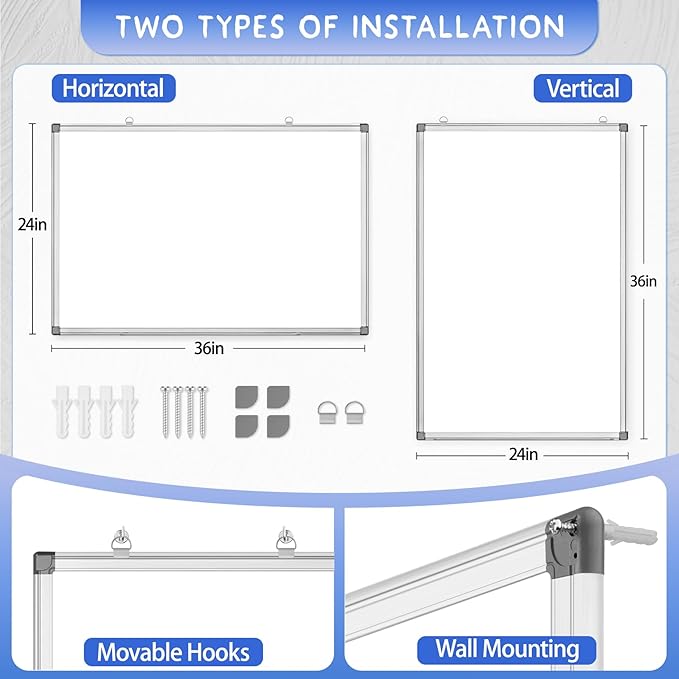 Grtard 36" x 24" Magnetic Dry Erase Board, Large Hanging Magnetic White Board with Aluminum Frame, Smooth Writing Presentation Whiteboard Suitable for Home, Office, Classroom & Kitchen