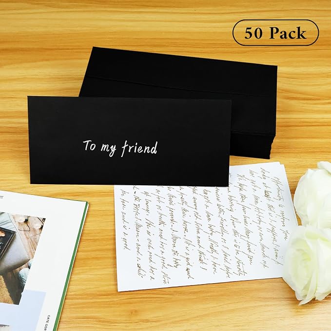 50 Pack #10 Business Envelopes, Black Standard Envelopes Self Seal, Letter Size Business Mailing Envelopes for Checks Letters Invoices Statements Birthday Graduation Wedding,4 1/8 x 9 1/2 Inch