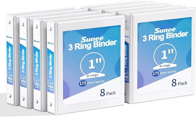SUNEE 1 Inch Binders 3 Ring 8 Pack Bulk, PVC-Free Clear View 1" Binders (Fits 8.5x11 Inches) for School, Office & Home Use, White